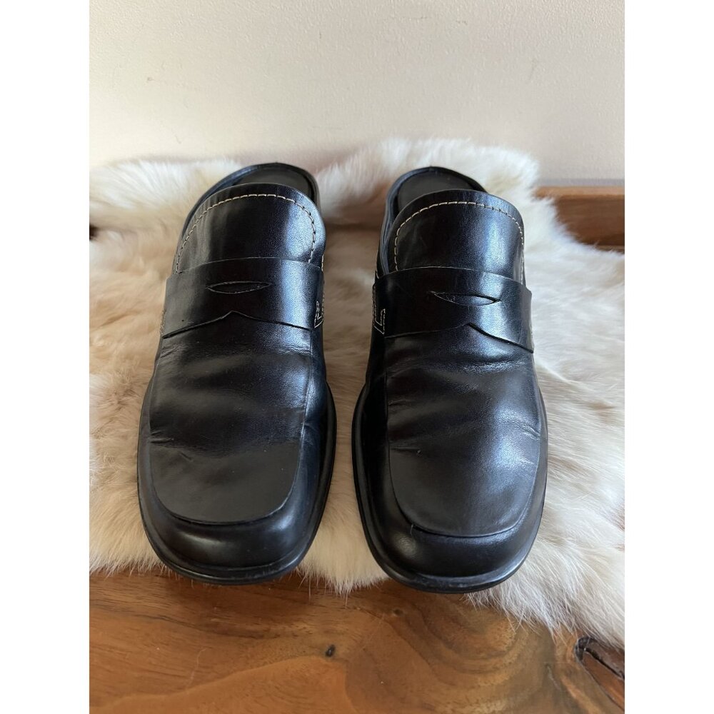 Vintage Y2K Black Leather Penny Loafer Mules Womens 8M 2" Block Heel Square Toe - Picture 4 of 9